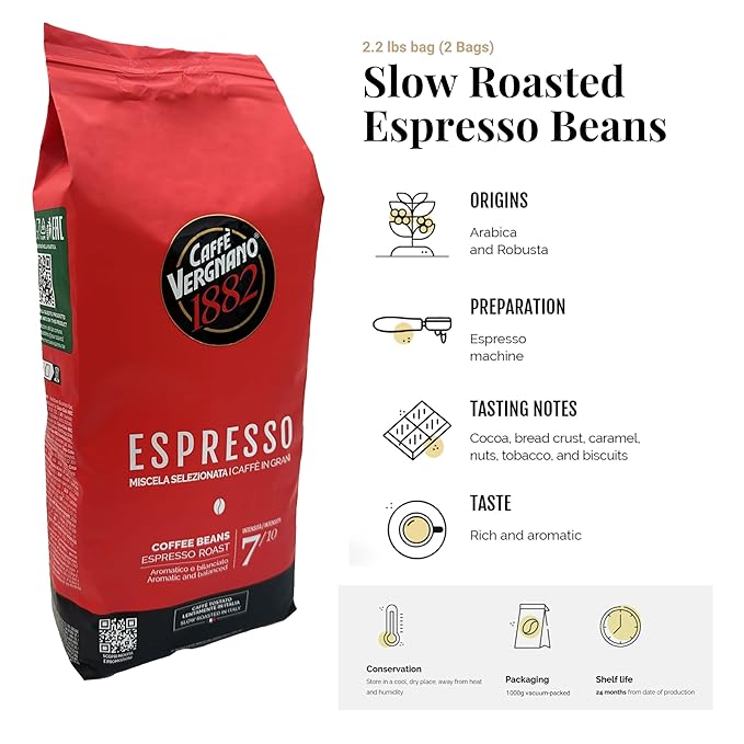 Caffe Vergnano 1882 Espresso Whole Bean Arabica Roast Coffee, 2.2 lb bag - Italian Medium Roast Coffee Beans with notes of Chocolate, Nuts & Caramel, Intensity 7/10-1000g Bag (2 Pack)