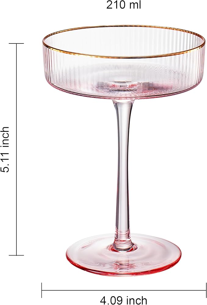 Khen Ribbed Vintage Art Deco Coupe Glasses - Martini, Champagne & Cocktail Ribbed Glasses 8oz | Crystal Ripple Goblet Glassware Set, Pink Gilded, 4 Pieces, Housewarming Gift