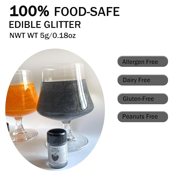 Black Edible Glimmer Powder Glitter - Colaele 5 grams Food-Grade Luster Dust Metallic Fancy Food Decorating Sprinkle Glimmery Brew Dust for Cake Decorations Drinks Wine Beverage Candy Dessert, Vegan