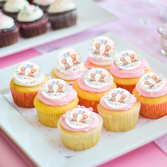 40Pcs Edible Gender Reveal Bear Cupcake Toppers Wafer Paper Boy or Girl Baby Shower Cake Decorative Supplies Jungle Animal Theme Birthday Party Cake Decorative Supplies