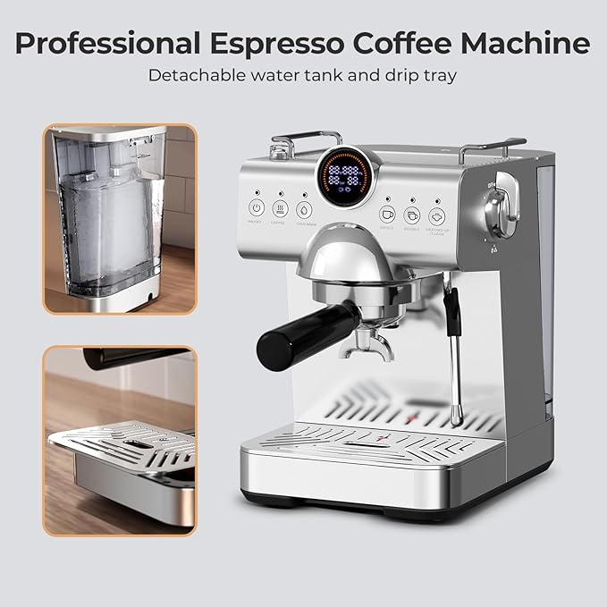 20 Bar Espresso Machine,Compact Stainless Steel Cold Brew & Hot Coffee Machine with Steam Wand,LED Display,50 oz Removable Water Tank,Cappuccino Machine for Home,Semi-Automatic,Silver