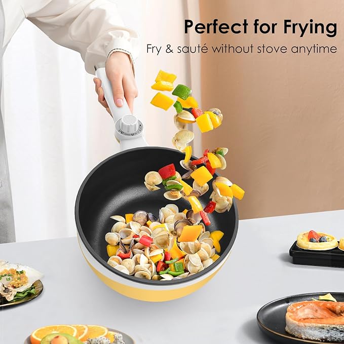 Audecook Hot Pot Electric, 1.7L Mini Electric Skillet Portable Nonstick Saut챕 Pan with Power Adjustment, Rapid Noodles Cooker Travel Multicooker for Steak/Soup/Egg/Oatmeal/Noodles