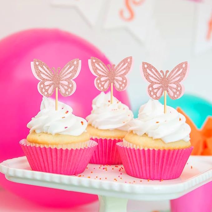36PCS Butterfly Cupcake Toppers 3D Double Layers Hollow Cupcake Picks Baby Shower Cake Decorations Supplies for Butterfly Theme Wedding Anniversary Kids Birthday Party Light Pink