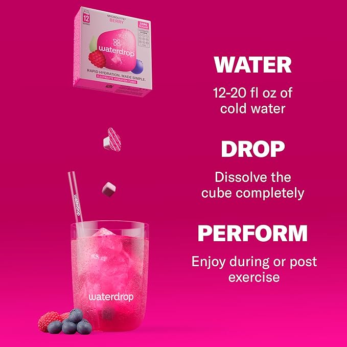 Waterdrop Microlyte Hydration Cubes, Berry Flavor, Electrolyte Drink Mix with Zinc, Magnesium, Potassium, Calcium & 9 Vitamins, Zero Sugar, Low Calorie, Sports Drink with Electrolytes, 24 Count