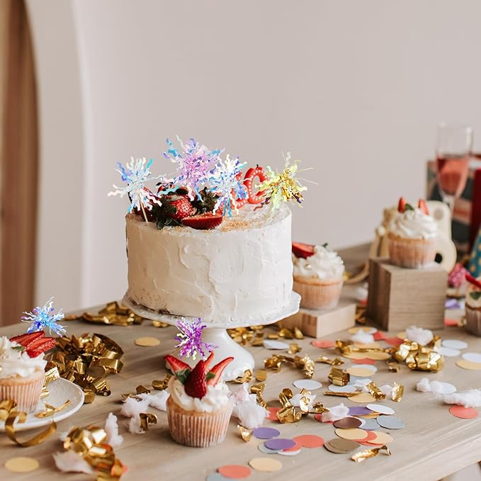 50 Pcs Foil Firework Cupcake Toppers, Glitter Sparkle Tinsel Frill Toothpicks for Cake Cocktail Food Fruit Decoration (Pink, Blue, Deep Purple, Yellow, White)