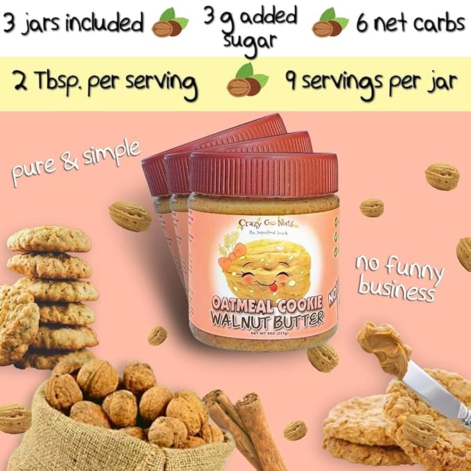 Crazy Go Nuts Walnut Butter Oatmeal Cookie - Walnut Spread, Keto, Vegan, Low Carb, Gluten Free, Superfood-Natural, Non-GMO, ALA, Omega 3 Fatty Acids, Good Fats and Antioxidants - 9 Oz, 3-Pack
