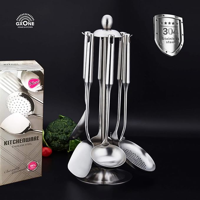 Kitchen Utensil Set ??6 Piece Stainless Steel Cooking Utensils with Rotating Holder Organizer Includes Slotted Spoon, Slotted Spatula, Large Spoon, Soup Ladle, Spatula, Pasta Server Silver/7PCS