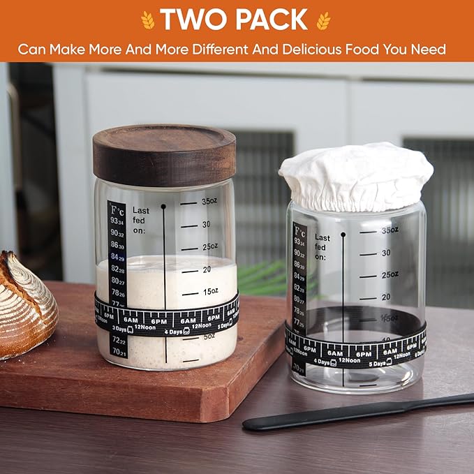 77L 2 Pack Sourdough Starter Jar, 35 oz Sourdough Starter Kit with Date Marker Feeding Band, Thermometer, Food-Grade Scraper, Cloth Cover and Acacia Wood Lid, Sourdough Bread Baking Supplies