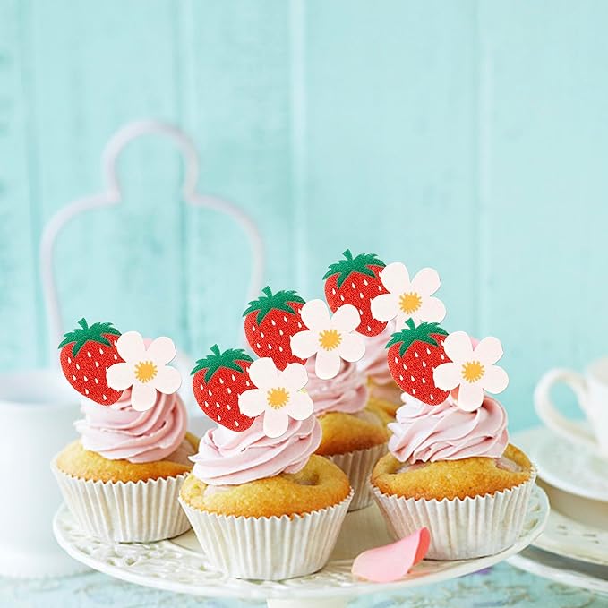 60 Pack Edible Sweet Strawberry Flower Cupcake Toppers First Birthday Strawberry Flower Rice Paper Wafer Paper Cake Picks for Fruit 1st Berry Sweet Kids Birthday Cake Decorations
