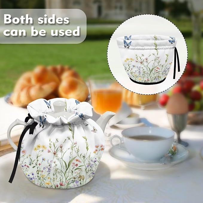 White Wildflower Tea Cozy Keep Warm Teapot Insulated for Halloween Day Insulated Teapot Cozy Kitchen Accessory Soft Teapot Dust Protector for Women