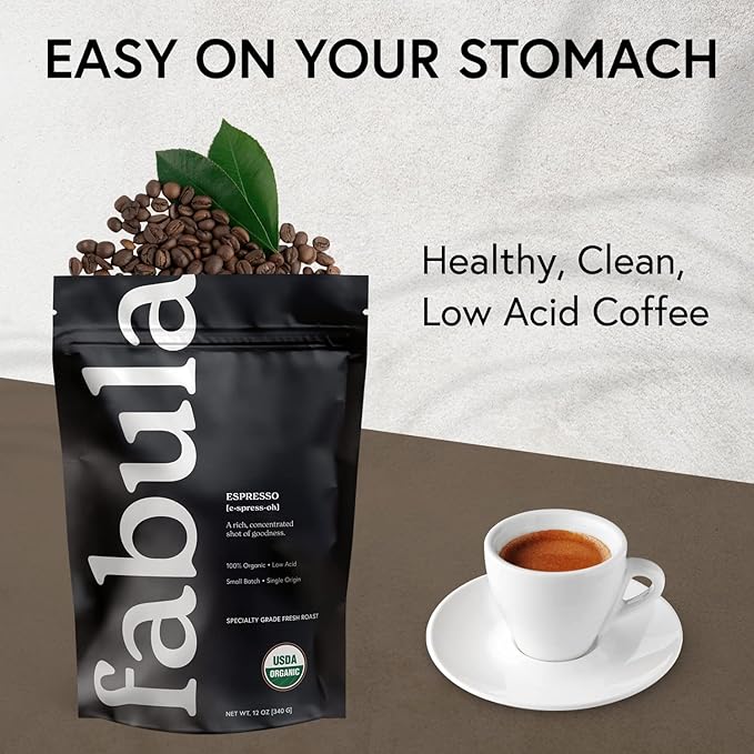 Fabula Low Acid Coffee Beans Whole, Organic Espresso Coffee - Non-GMO - No Molds - Mycotoxins Pesticides Free - Single Origin Coffee - 12 Oz