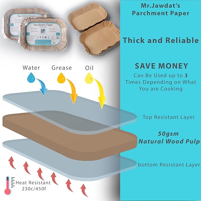 ((Extra Strong)) Air Fryer Parchment Rectangular 100Pcs, Mr.Jawdat's Paper Liners for Dual Door Air Fryer, Oven baking sheets, microwave liners Free of Bleach ((Rectangular, 7.9x5.12 Inch/ 20x13 cm))