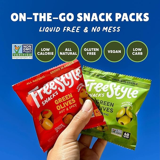 Freestyle Snacks Olive Snack Packs - Single Serve - Fresh Pitted Green Olives, Jumbo-Sized, Grown in Greece, All Natural, Non-GMO, Paleo, Sugar-Free, Keto, Salty Snack - Lemon Garlic, 1.1oz (6 Pack)