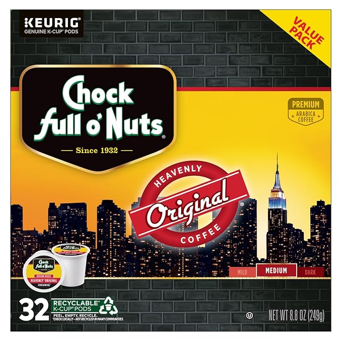 Chock Full o'Nuts Original Coffee, Compatible with Keurig K-Cup Pods, 32 CT (Pack of 2)