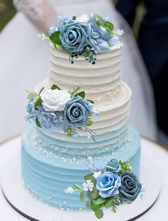 Marriwise 3Pcs Pre-made Cake Toppers Flowers, Light Blue Wedding Cake Decoration, Artificial Flowers Decor for Wedding Ceremony Anniversary, Birthday Party, Outdoor (Light Blue)