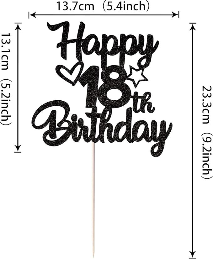 1 Pack Happy 18th Birthday Cake Topper Glitter Heart Star 18 Fabulous Cake Pick Birthday Sign Cake Decorations for 18th Birthday Theme Party Supplies Black