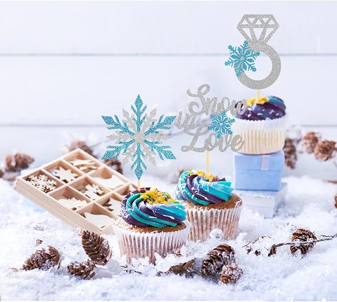 24PCS Snow in Love Cupcake Toppers for Winter Snowflake Decorations, Frozen Snowflake Love Cake Toppe for Bridal Shower Party Decorations (Love A)