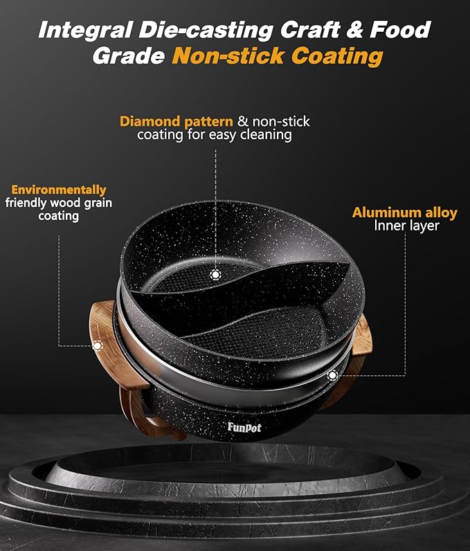 5-Temp Electric Hot Pot with Wood Grain Handles, 6L Family Size, 1100W Rapid Heating, PTFE Non-Stick Coating & Dry-Burn Protection, Dual Divider for Hot & Mild Broths