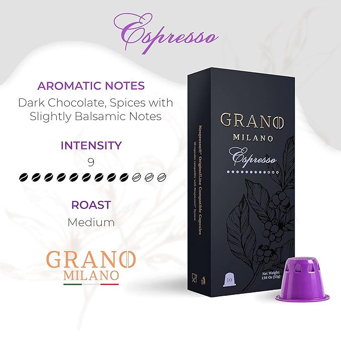 Grano Milano - 50 Espresso Pods Compatible with Nespresso Original line, Medium Roast - Intensity 9/12, Coffee Capsules Made in Italy Espresso Coffee