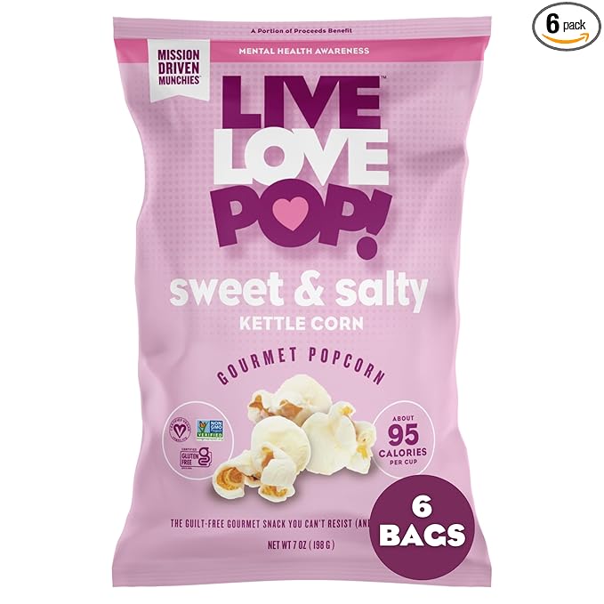 Live Love Pop Sweet and Salty Kettle Corn Flavored Gourmet Popcorn, 7 Oz (Pack of 6), Healthy Snack, Gluten Free, Vegan & Non-GMO, Mission Driven Munchies