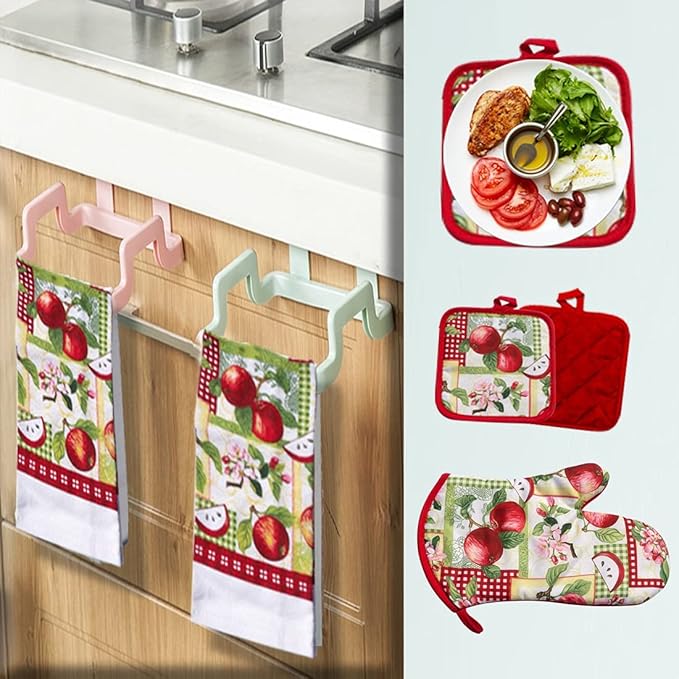 Lobyn Value Packs - 5 Piece Country Kitchen Towel Set: Features Red Apples on a Patchwork Quilt, 2 Decorative Dish Towels, 1 Oven Mitt, and 2 Quilted Potholders