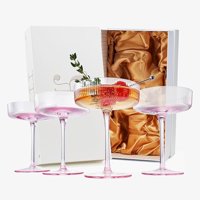 Khen Ribbed Vintage Art Deco Coupe Glasses - Martini, Champagne & Cocktail Ribbed Glasses 8oz | Cute Crystal Glassware Sets, Pink, 4 Pieces, Housewarming Gifts