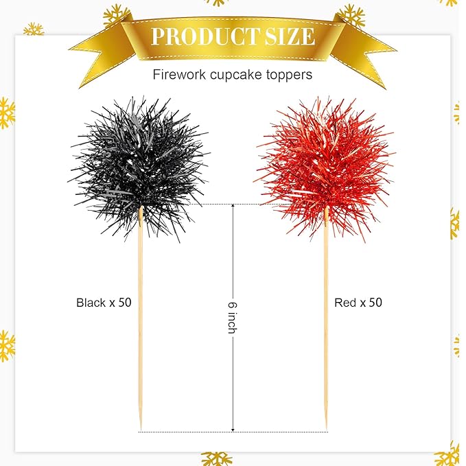 Chinco 100 Pcs Foil Firework Cupcake Toppers Sparkle Tinsel Cake Toppers Cake Decoration Cocktail Fruit Toothpick for Birthday Wedding Graduation Party(Red, Black)