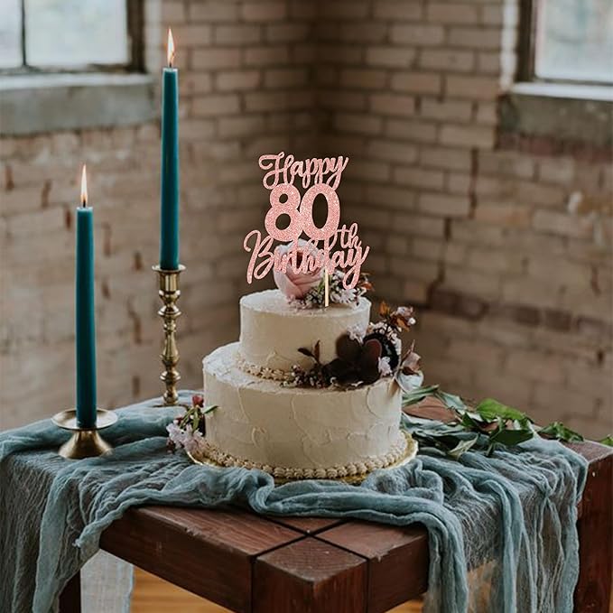 1 PCS Happy 80th Birthday Cake Topper Glitter Cheers to 80 Years Birthday Cake Pick Eighty Hello 80 Fabulous Cake Decorations for Happy 80th Birthday Anniversary Party Supplies Rose Gold