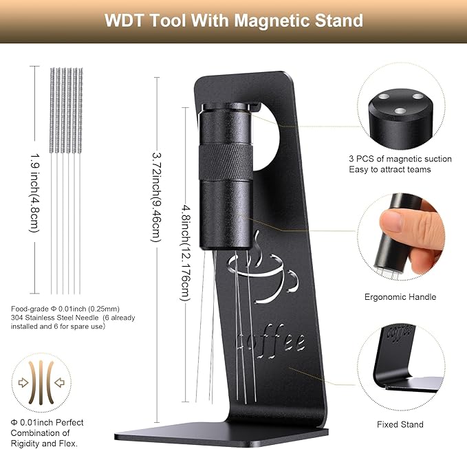 WDT Tool Espresso Distribution Tool, Coffee Distribution Tool with Magnetic Stand, Espresso Accessories with 6 Extra 過0.25mm Stainless Steel Needles for Barista (Light Black, H竊?.8 inches)