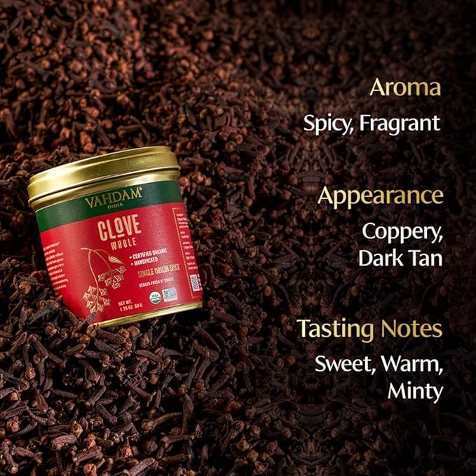 VAHDAM, Organic Clove Whole (1.7oz/50g) Handpicked Whole Cloves, Gluten Free, Non GMO, 100% Raw | Warm & Flavorful Spice | Great for Cooking, Smoothies, Pomander Balls, Potpourri & Tea