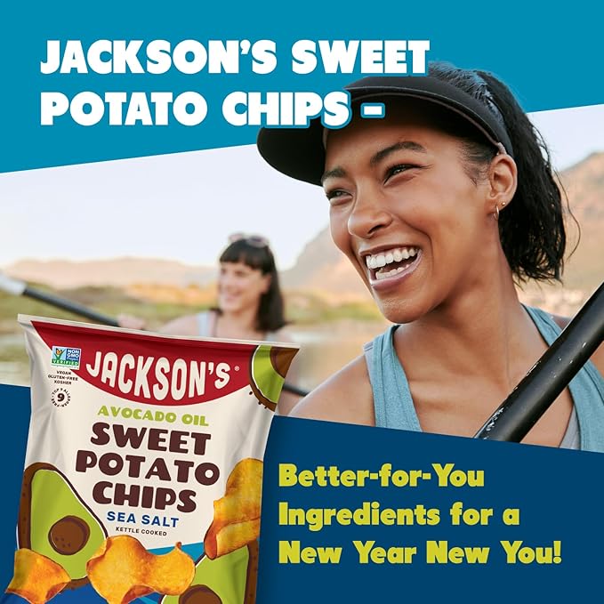 Jackson???Sweet Potato Kettle Chips with Sea Salt made with Premium Avocado Oil (5 oz, Pack of 12) - Allergen-friendly, Gluten Free, Peanut Free, Vegan, Paleo Friendly - Shark Tank Product