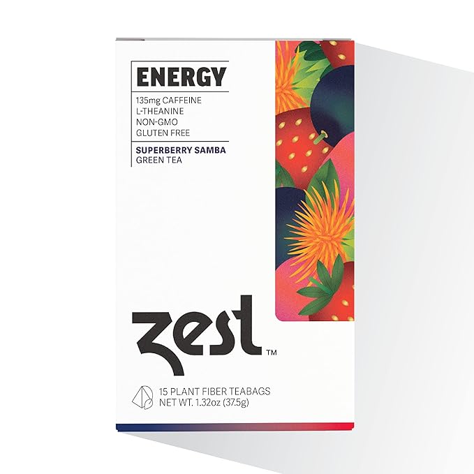 Zest Tea Energy Hot Tea, High Caffeine Blend Natural & Healthy Black Coffee Substitute, Perfect for Keto, 135 mg Caffeine per Serving, Superberry Samba Green Tea, Box of 15 Sachet Bags