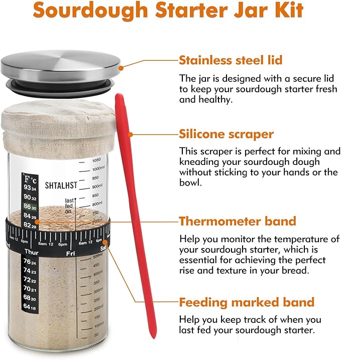 Sourdough Starter Jar Kit-1100ml/39Oz, Sourdough Starter Kit, Sour Dough Starter Jar With Stainless Steel Lid, Thermometer, Silicone Scraper, Cloth Cover And Date Marked Feeding Band (1 Pack)