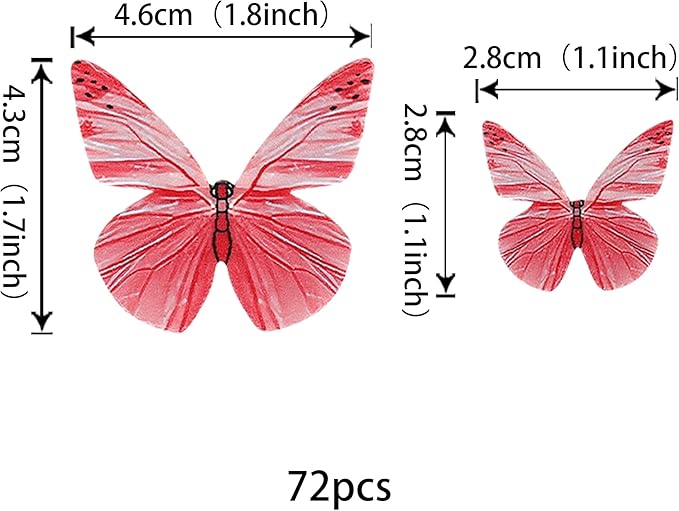 72PCS Edible Cupcake Toppers - Butterfly Cake Decoration - Edible Butterfly Cupcake Picks for Baby Shower, Kids Birthday Party - Rose Red