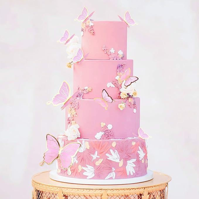 30pcs Pink Gold Edge Mixed Size Lively 3D Waterproof Swllowtail Butterfly Cupcake Topper for Girls Women's Happy Birthday Wedding Party Cake Wall Party Food Decorations