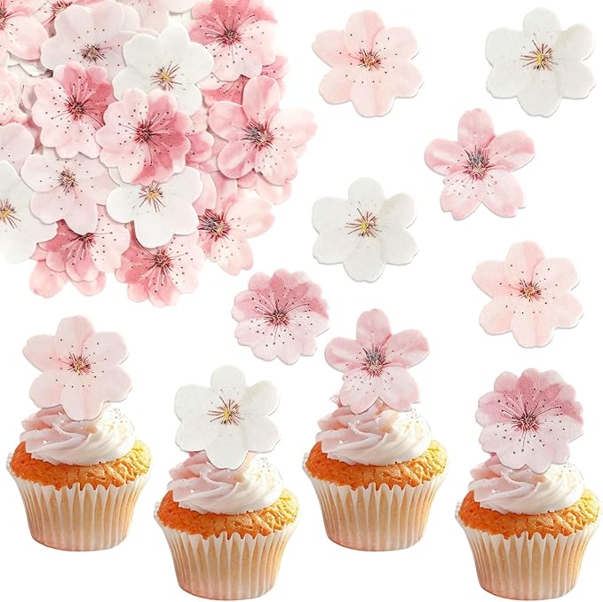 Morofme 50pcs Edible Cherry Blossom Cupcake Topper Wafer Paper Cherry Blossoms Flowers Cupcake Topper Sakura Cake Topper Edible Flower Cake Decorations for Birthday baby shower Party Supplies
