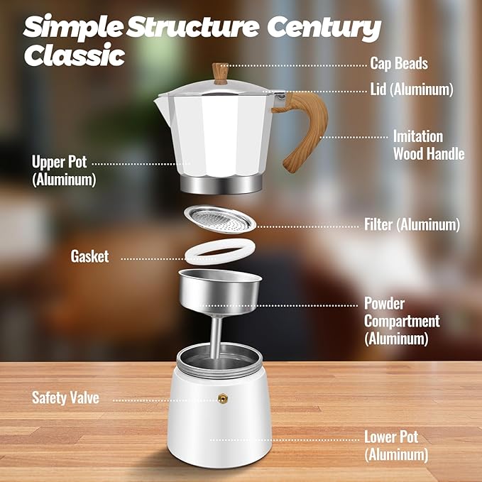 3 Cup Aluminum Moka Pot Classic Stovetop Espresso Coffee Maker 150ml 5oz Coffeemaker Percolator Mocha Express Preferred Cafe Makers for Italian and Cuban Cafì±?Brewing White