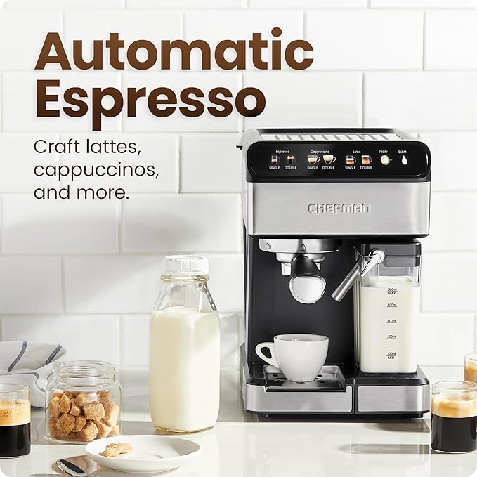Chefman Caf챕Master Pro Espresso Machine, Brew Single or Double Shots, Coffee Maker with Built-In Milk Frother for Cappuccino & Latte, XL 1.8 Liter Removable Water Reservoir - Stainless Steel