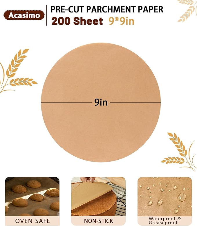 200Pcs Parchment Paper Rounds, 9 Inch Baking Parchment Circles, Precut Baking Sheets Round, Burger Patty Paper Liners for Tortilla Press, Air Fryer, Cake Springform Pizza Pan, Bread Cup Cake Cookie