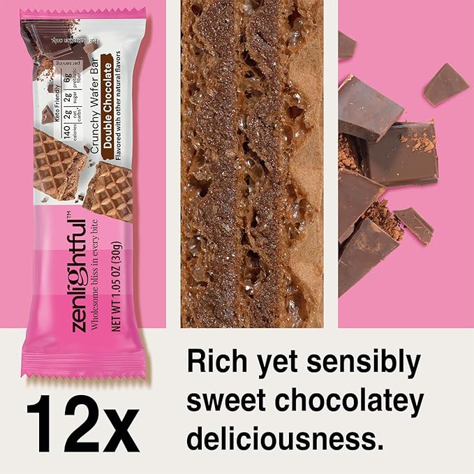 Zenlightful Double Chocolate Wafer Cookies, Low Carb, Low Sugar, Keto Friendly Healthy Snacks, Only 140 Calories, High Fiber, Vegetarian, Non-GMO, 12 Count