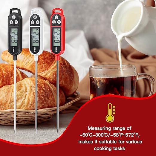 3 Pcs Instant Read Meat Thermometer with Long Probe 9.65 Inch Kitchen Cooking Food Candy Waterproof Digital Thermometer for BBQ Water Milk Yogurt Liquid Cooking (Black,White,Red)
