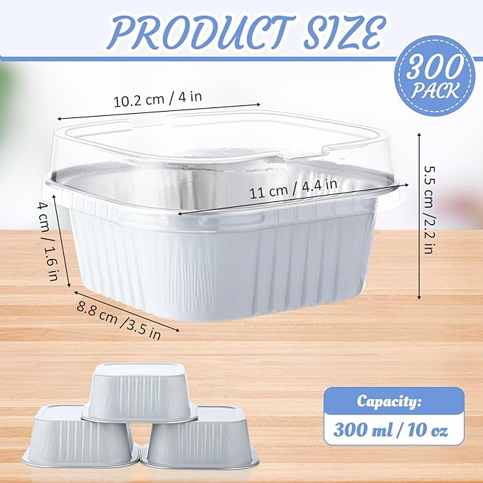 Aoriher 300 Pieces 10 oz Mini Cake Pans with Lids, Aluminum Foil Baking Cups, Square Disposable Cupcake Cups Baking Tins for Wedding Birthday Party Supplies(White, Silver)