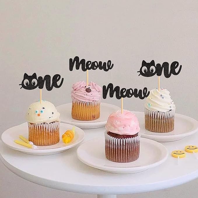 24Pcs Cat One Cupcake Toppers Black Glitter Meow Kitten First Birthday Cupcake Picks for Cat Lover Kitten Theme Baby Shower Kids 1st Birthday Wedding Party Supplies