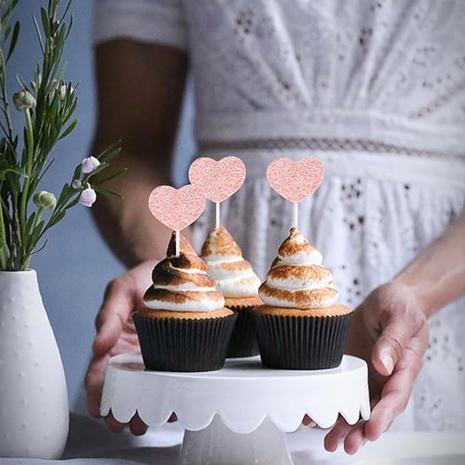 30 Pack Heart Cupcake Toppers Love Heart Cupcake Picks for Valentine's Day Theme Wedding Engagement Bridal Shower Birthday Party Cake Decorations Supplies Pink