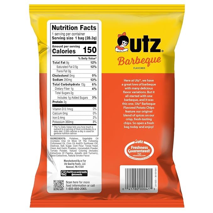 Utz Potato Chips, Barbeque - 1 Ounce (Pack of 60), Crispy Potato Chips Made from Fresh Potatoes, Crunchy Individual Snacks to Go, Cholesterol Free, Trans-Fat Free, Gluten Free Snacks