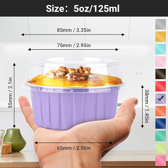 EUSOAR Disposable Ramekins with Lids, Light Purple 25pcs 5oz Creme Brulee Ramekins Disposable, Muffin Liners Cups,Mini Cheesecake Foil Pans Dessert Containers with Lids for Party Favor Birthday