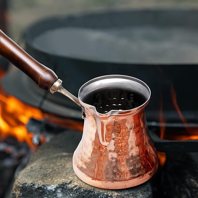 Cezve Turkish Coffee Pot - Hammered Copper Turkish Ibrik - Turkish Coffee Maker - Greek Coffee Maker w/Wooden Handle - Traditional Turkish Gifts or Unique Gifts for Coffee Lovers
