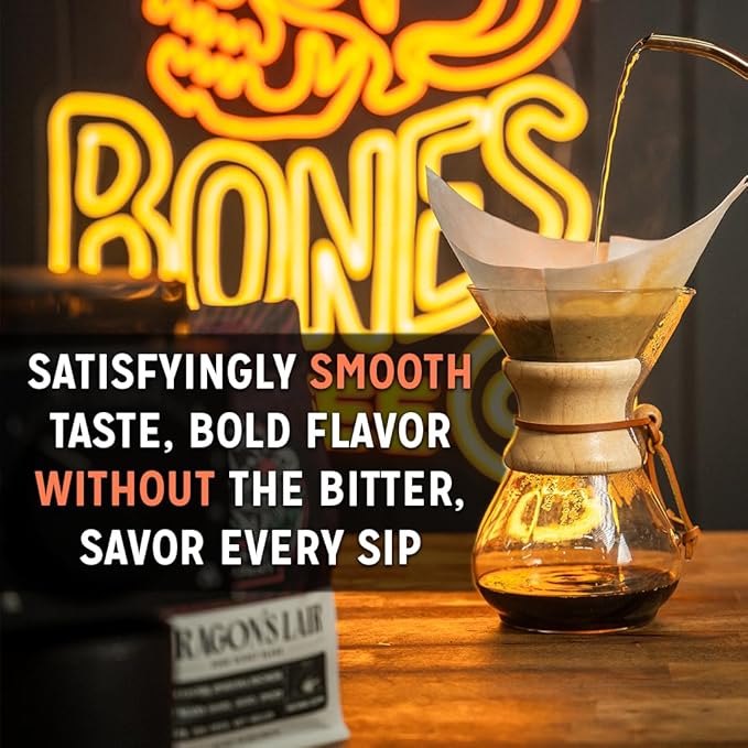 Bones Coffee Company Cinnamon Roll Flavored Coffee, Medium Roast Low Acid Arabica Beans Compatible with Auto drip and French Press Coffee Maker, 12 Oz Whole Bean
