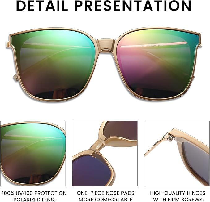 DUCO Oversized Polarized Sunglasses Womens Trendy Mirrored Shades Retro Round Vintage Light Weight UV400 Sun Glasses W016