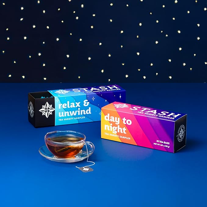 Stash Tea Day to Night Tea Sampler - Assorted Specialty Tea Gift Set, High to No Caffeine, 7 Flavors, 35 Tea Bags